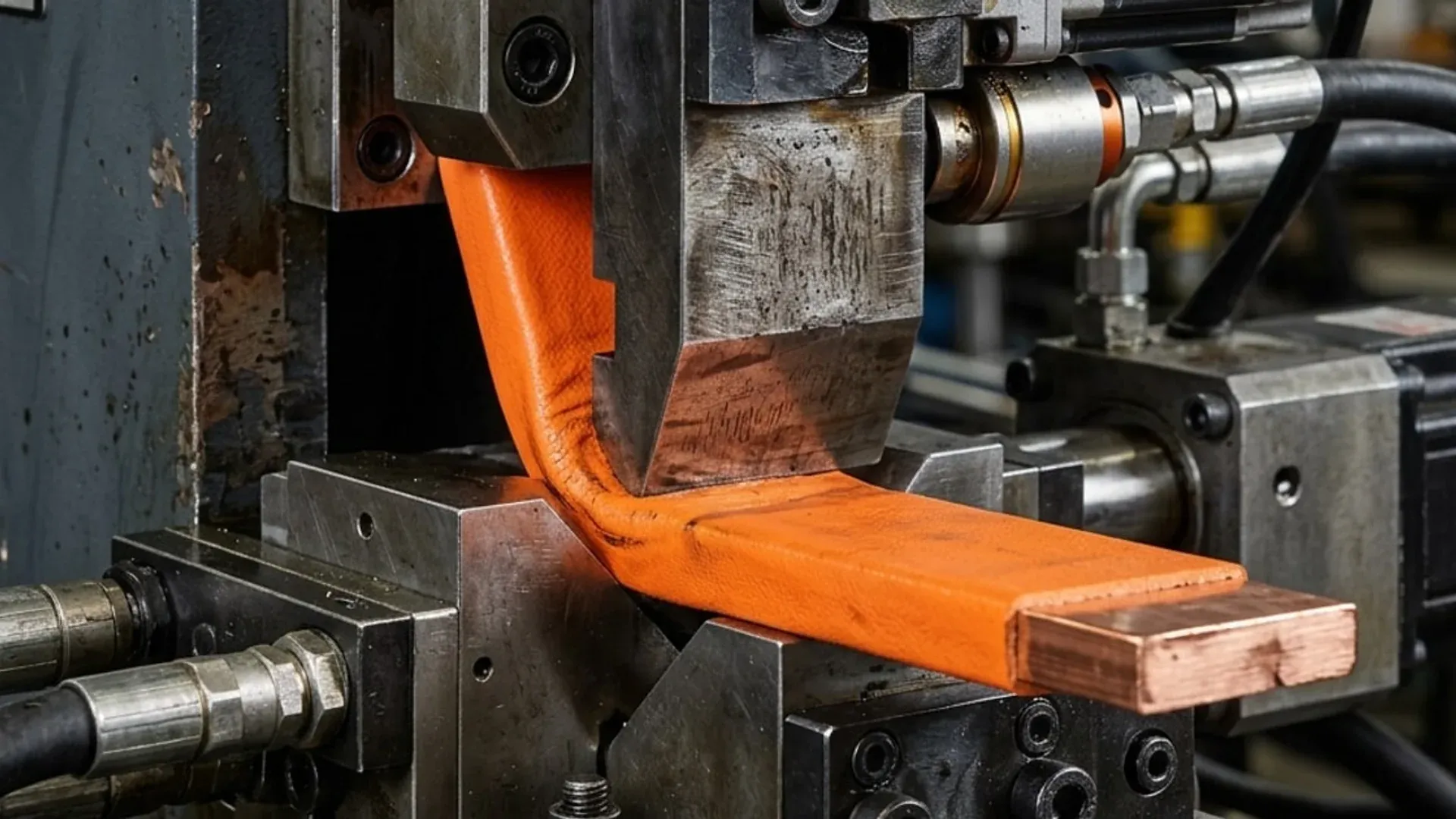 Insulated rigid copper busbar being bent in production equipment