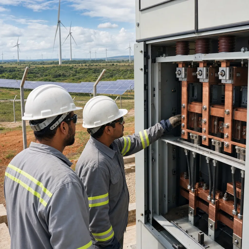 Two technicians inspect copper busbars beside a Brazilian wind and solar energy site