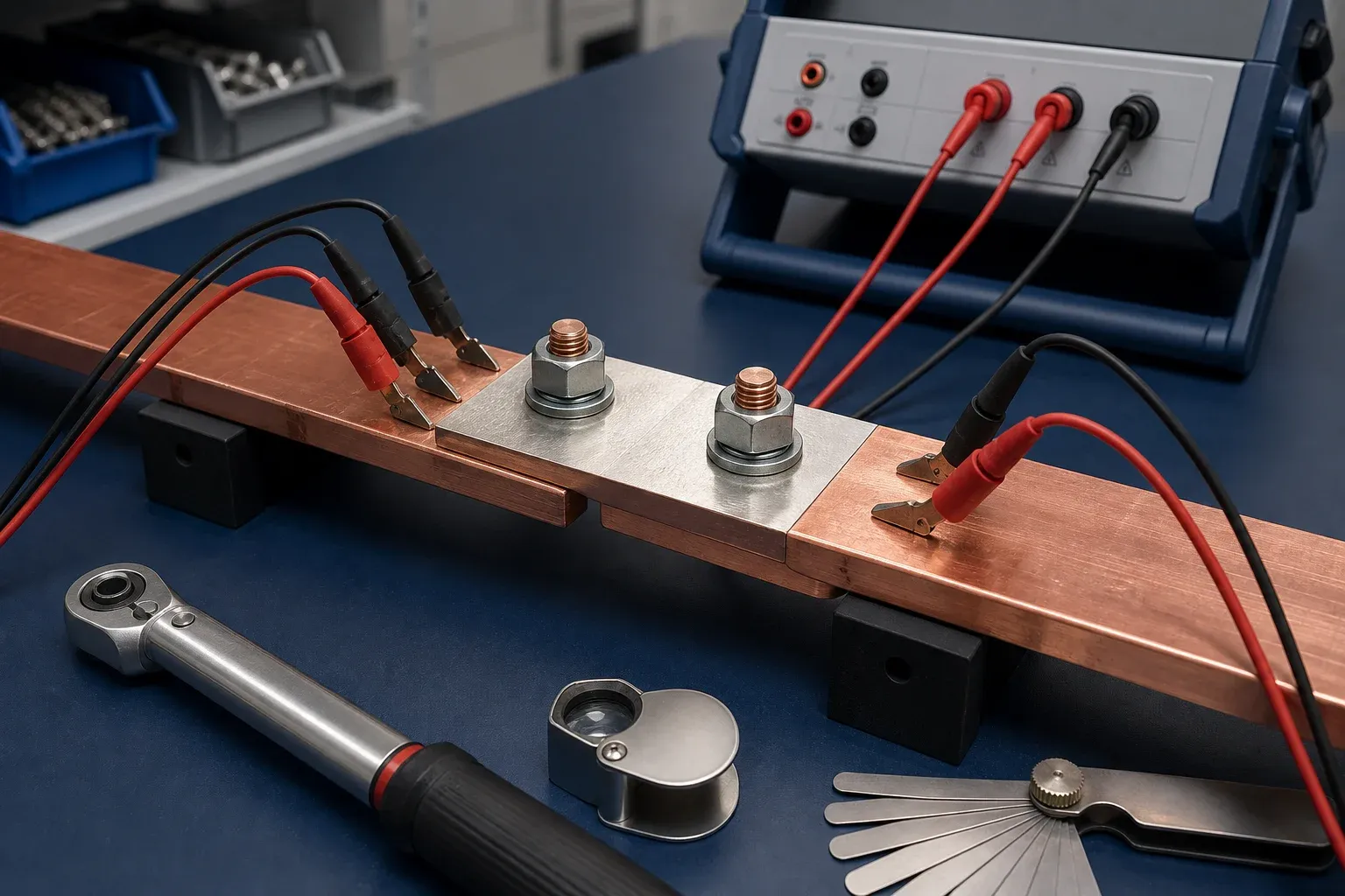Bolted copper busbar joint connected to a four-wire micro-ohm resistance test instrument