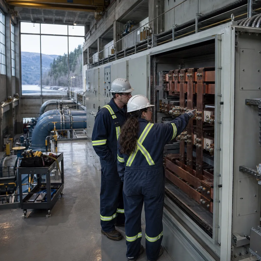 Two technicians inspect copper busbars at a Canadian power facility