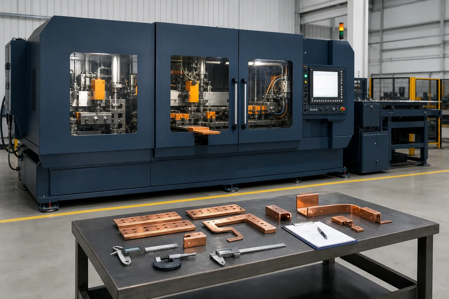 Enclosed CNC busbar machine undergoing acceptance with copper samples and measuring tools