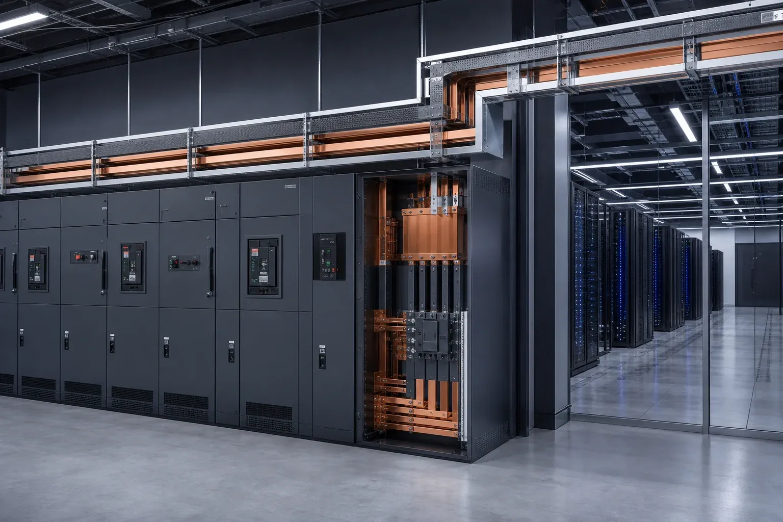 Data center electrical room with enclosed switchgear, copper busbars, and overhead busway