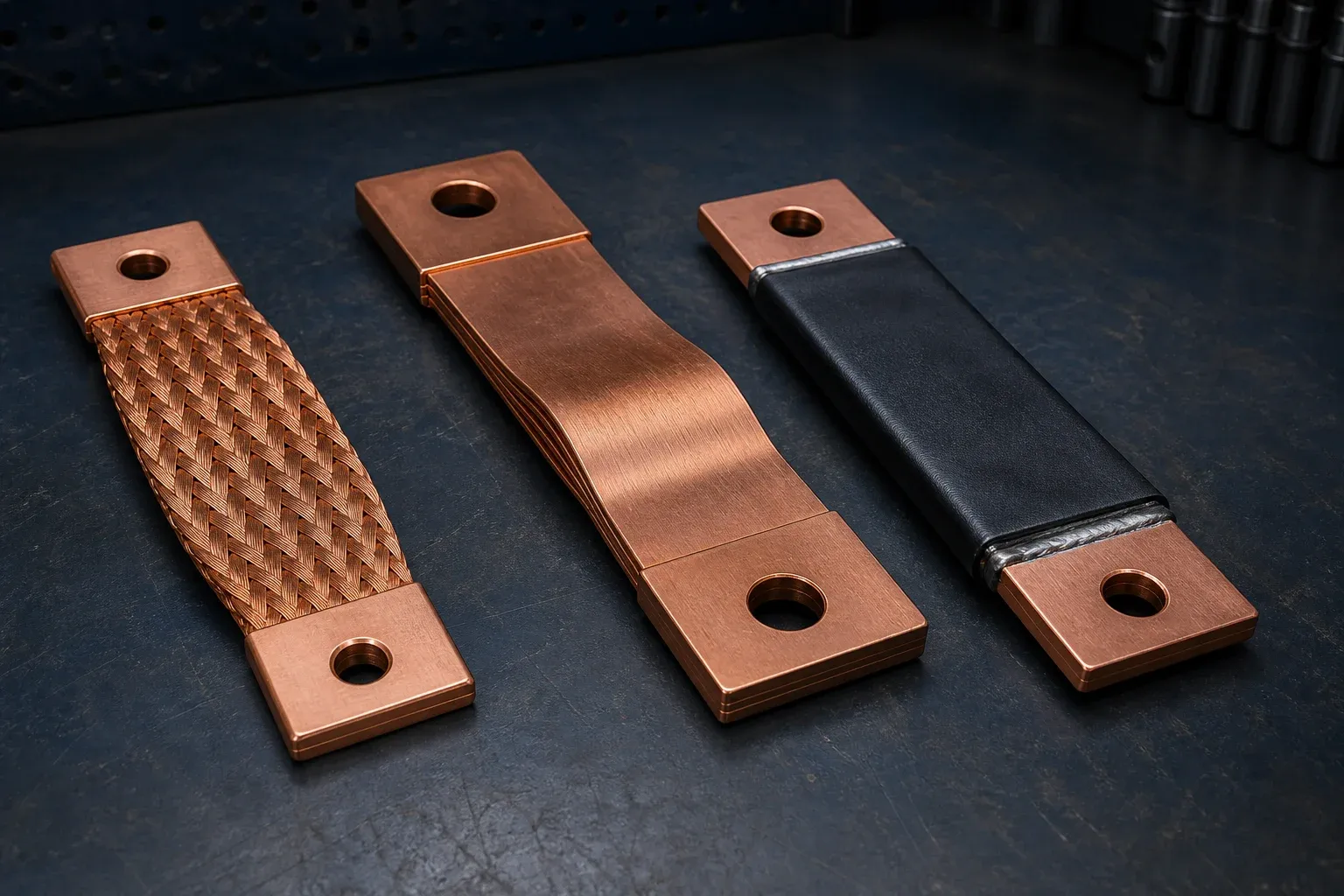 Braided, stacked-foil, and insulated flexible copper busbar connection samples