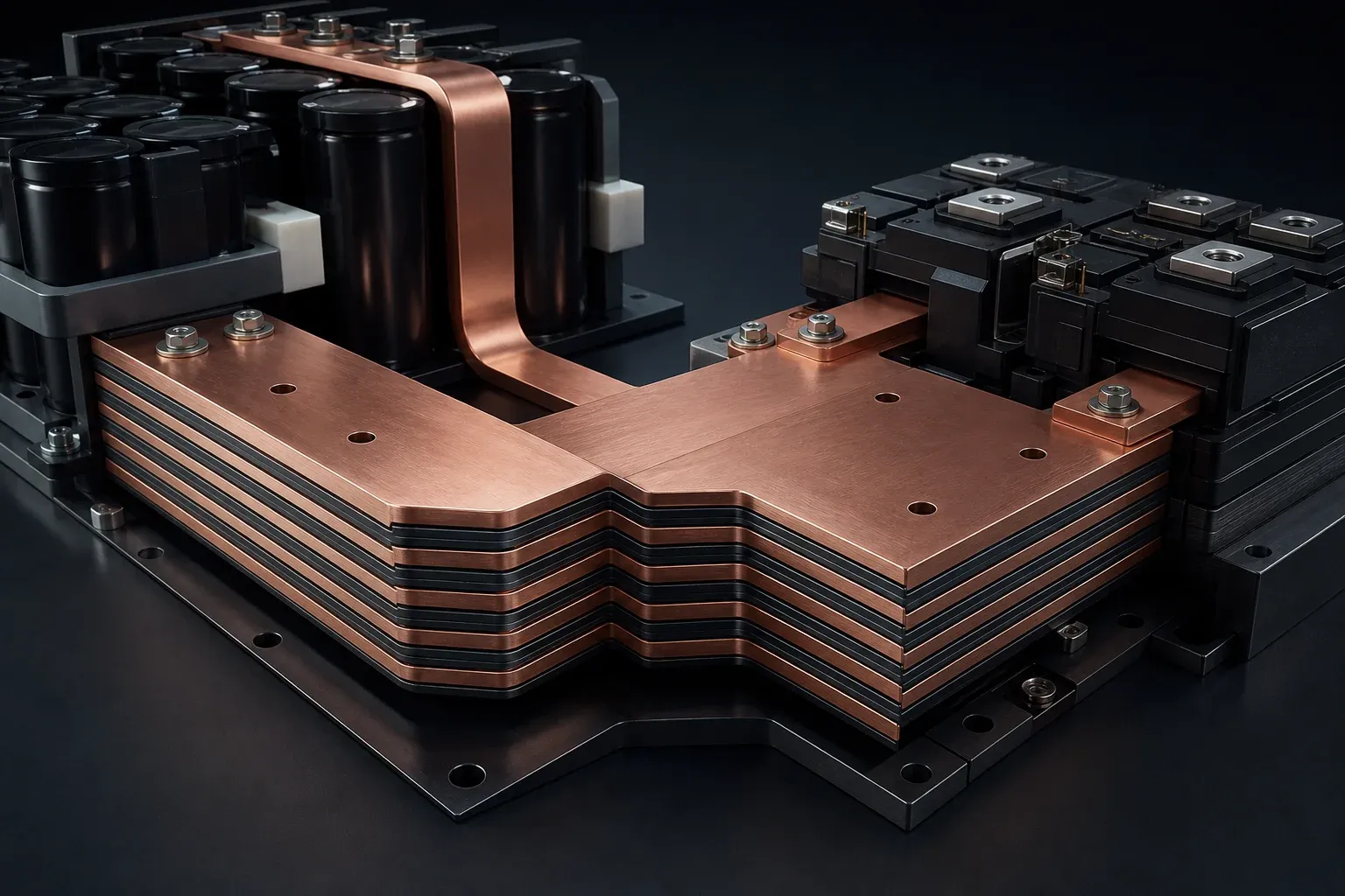 Layered copper conductors and dielectric films forming a laminated busbar between capacitors and power modules