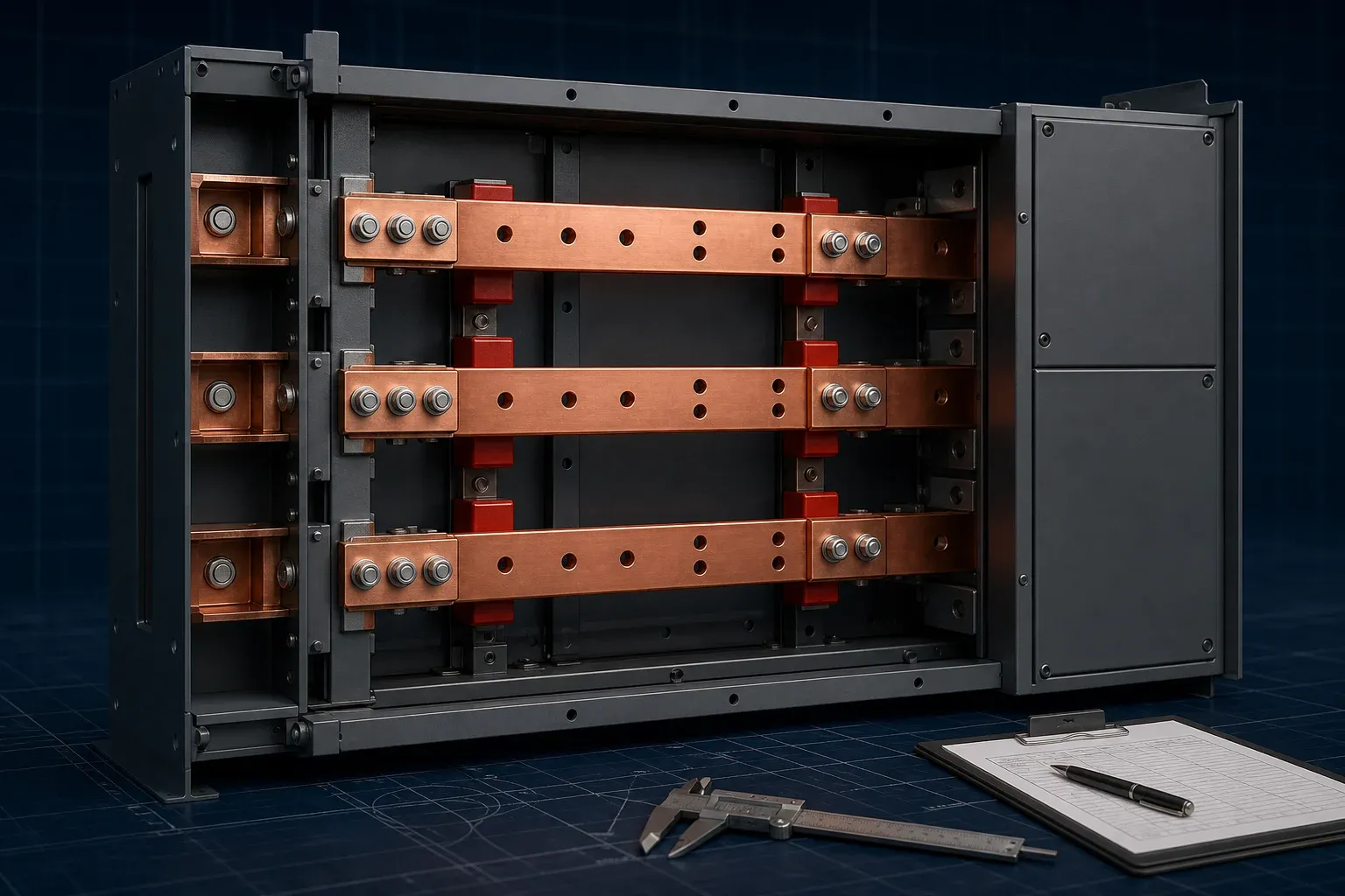 Copper busbar assembly mounted inside a dead-front switchboard enclosure for dimensional inspection