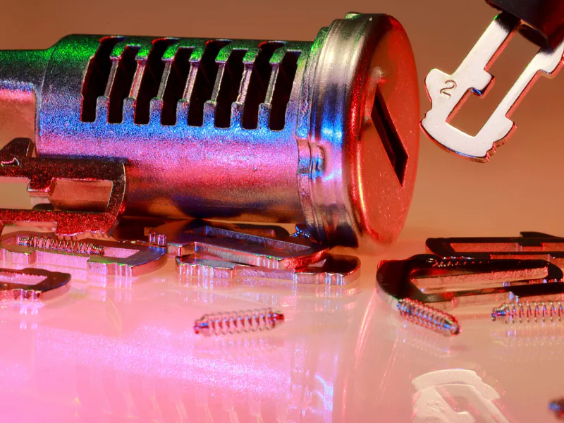 Detailed close-up of metal lock and key parts with colorful reflections, ideal for illustrating technology or security concepts