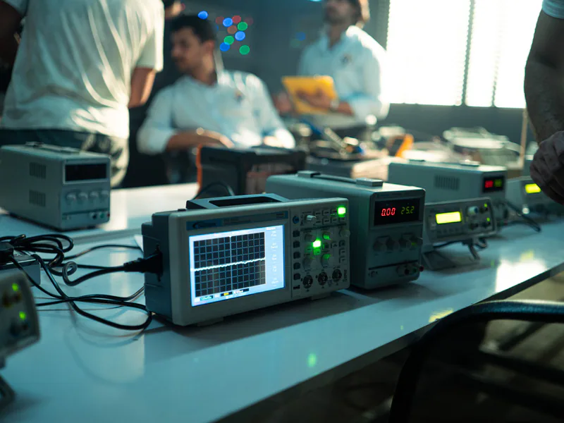 Engineers working in an electronics lab with oscilloscopes and other equipment on a bright day