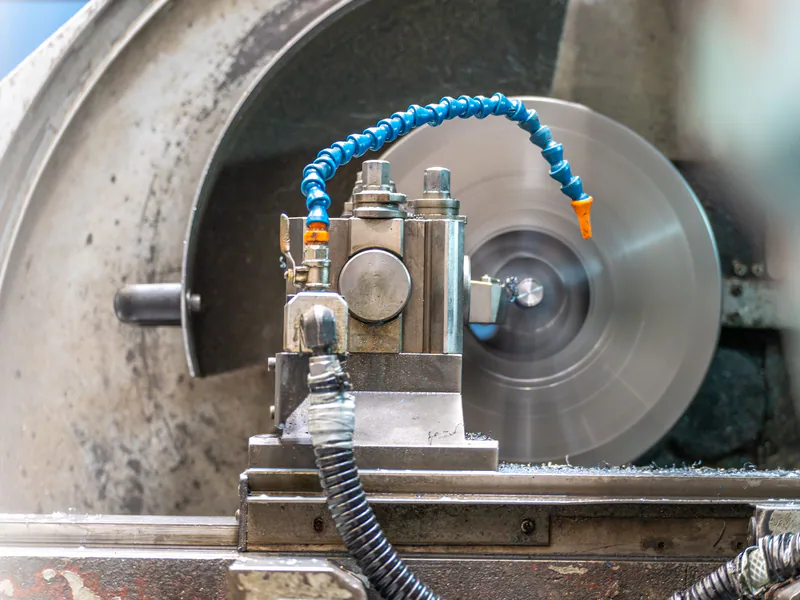 Close-up of a spinning lathe machine in an industrial workshop setting