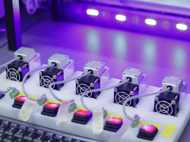 Detailed close-up of CNC laser units with glowing controls, ready for precision tasks