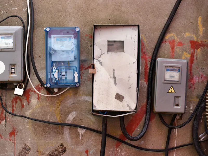Electrical meters attached to a graffiti-covered wall showcasing utility infrastructure