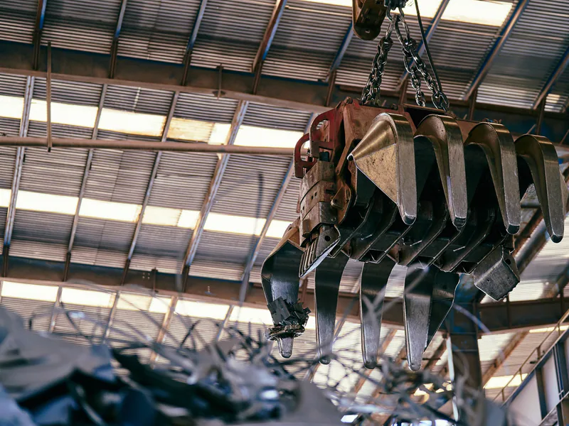 Large industrial crane handling scrap metal in a warehouse setting