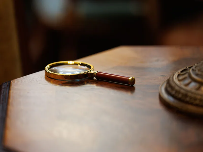 A vintage-style magnifying glass placed on a polished wooden table, exuding an elegant and classic look