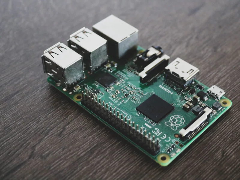 Detailed view of a Raspberry Pi circuit board with microchips and components