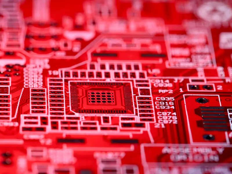Contemporary red technical circuit board of modern electric machine with various numbers and symbols placed on blurred background in room