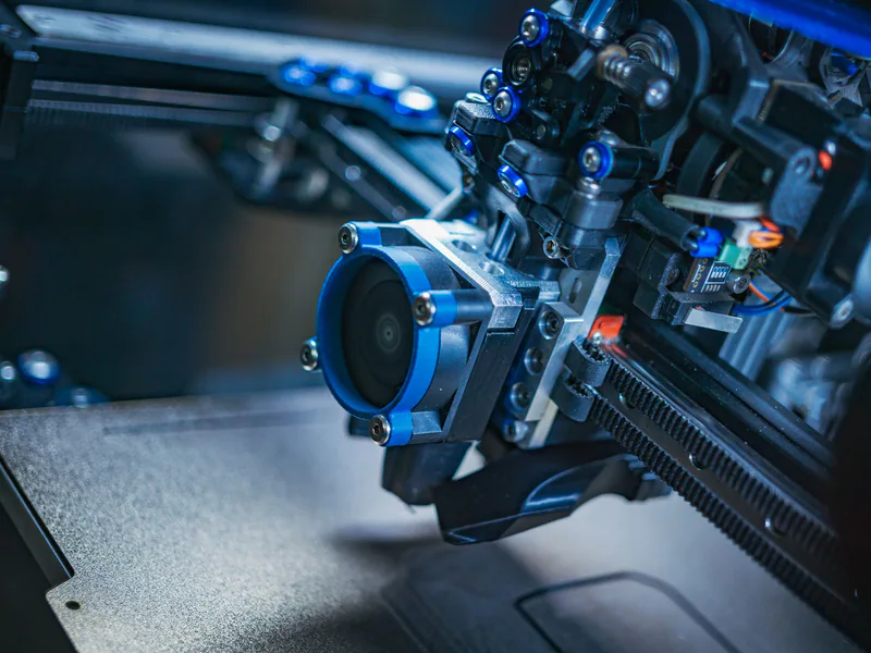 Detailed view of a high-tech 3D printer mechanism showcasing precision engineering