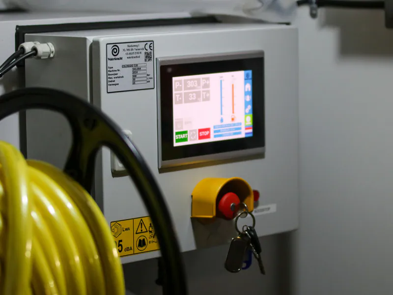 Industrial switchgear control panel with touchscreen and emergency stop