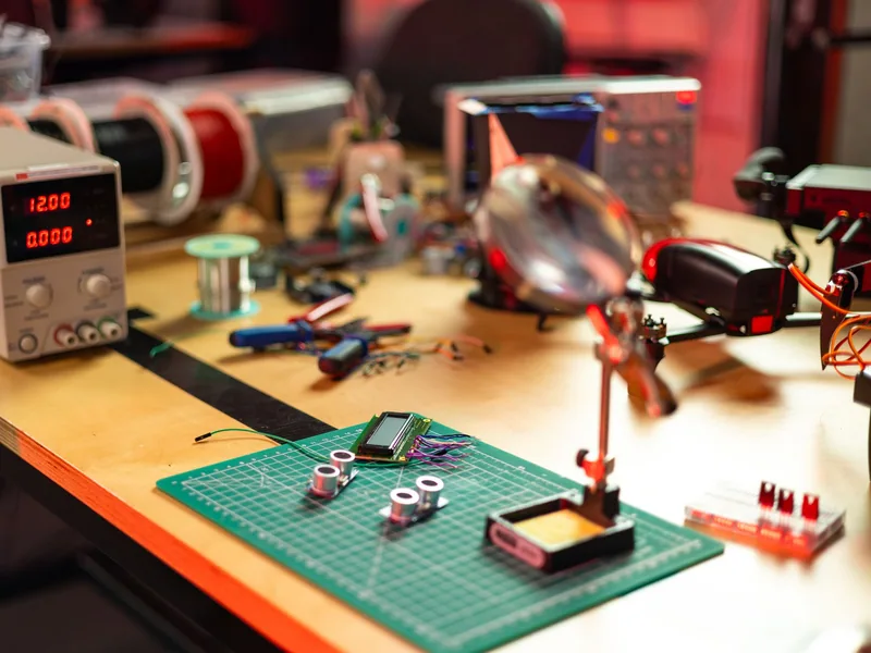 Electronic components and instruments arranged on a test bench