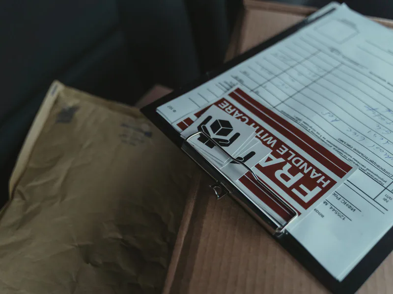 Shipping paperwork attached to a parcel prepared for delivery
