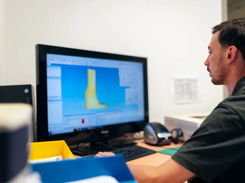 An engineer reviewing a CAD model at a workstation