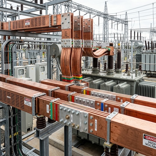 High-amp substation copper busbar terminal links with heavy insulation spacers